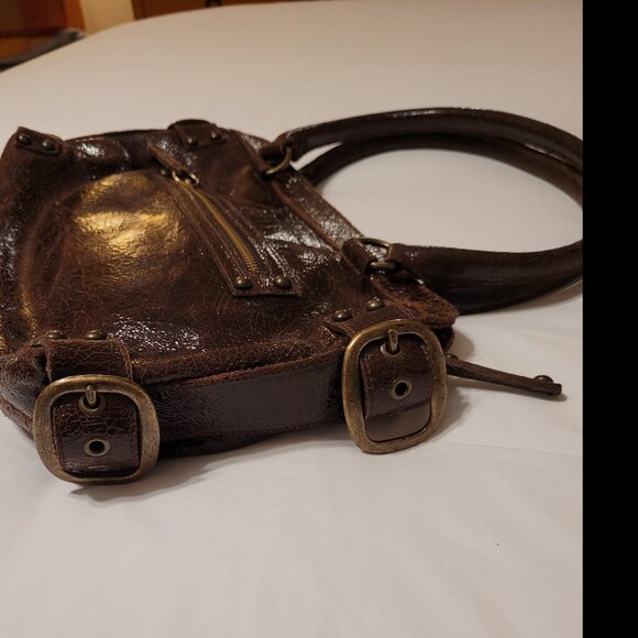 KOOBA Brooklyn Brown Distressed Crackled Leather Satchel Shoulder Bag - Picture 7 of 14